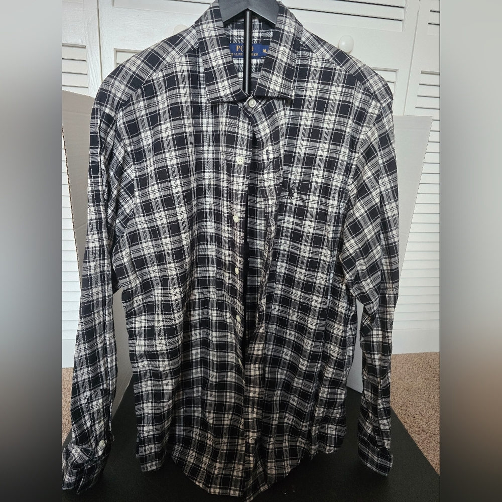 Men's Polo Ralph Lauren Black White Plaids Dress Shirt Size XL Large Logo Oxford